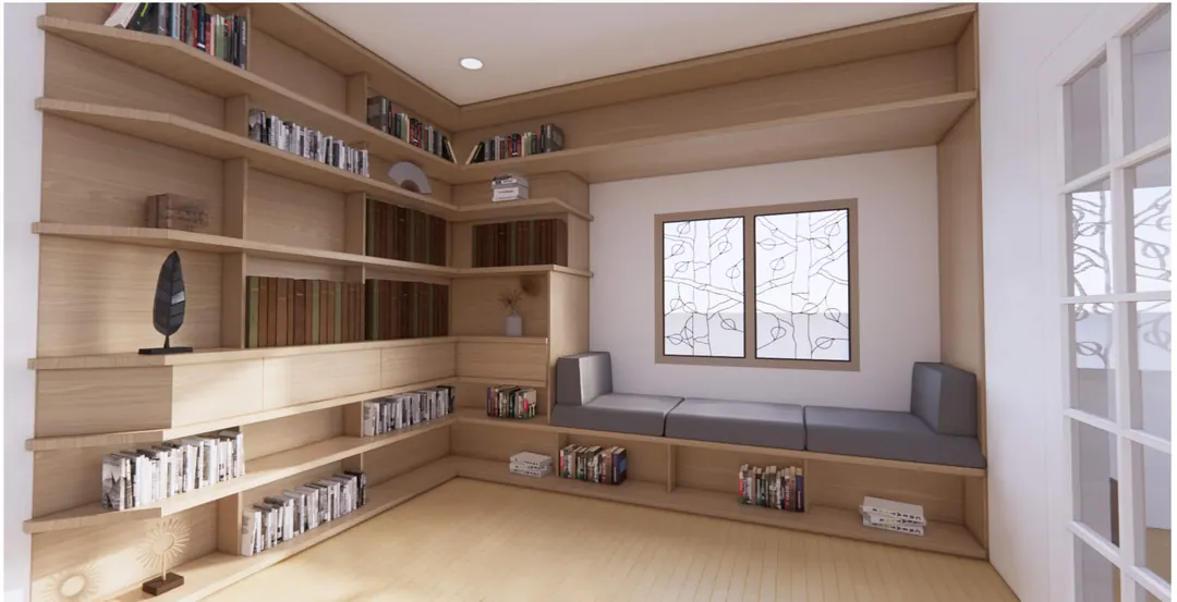 Design rendering of the Heber City built-in library bookshelves