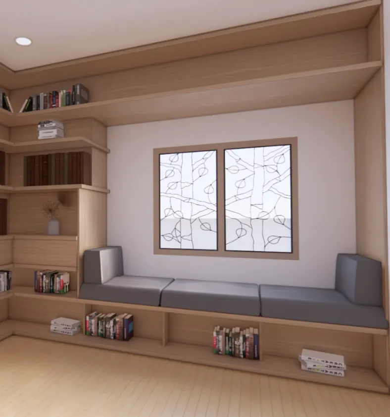 Design rendering of a built-in library with a window seat